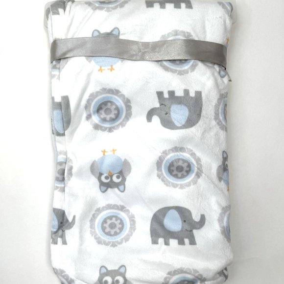 Blankets and Beyond Elephant Owl Baby Blanket White Blue Grey Circles NWT - Picture 2 of 2